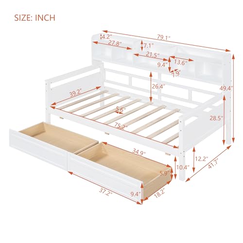 Twin Size Wood Daybed with Shelf and 2 Storage Drawers A431