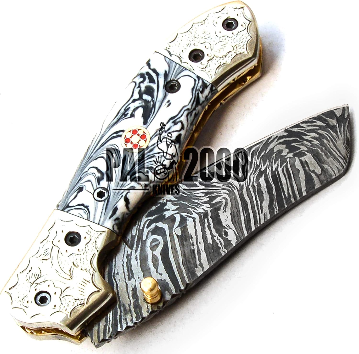 Handmade Damascus Steel Folding Pocket Hunting Knife with Sheath P1925