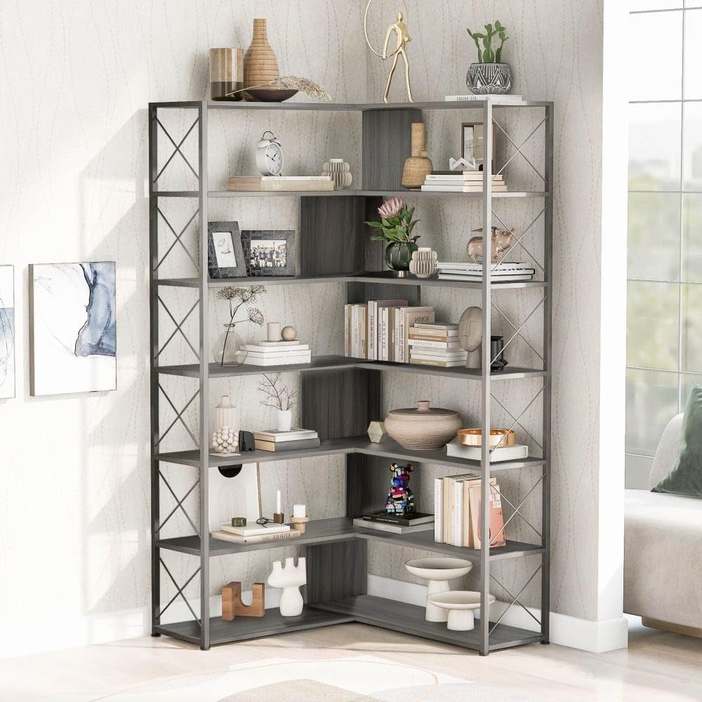 7-Tier L-Shaped Corner Bookcase Open Storage Silver MDF G252501