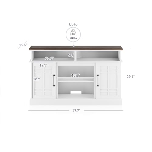 White Wood TV Stand with Open Storage Shelves and Cabinets E7926