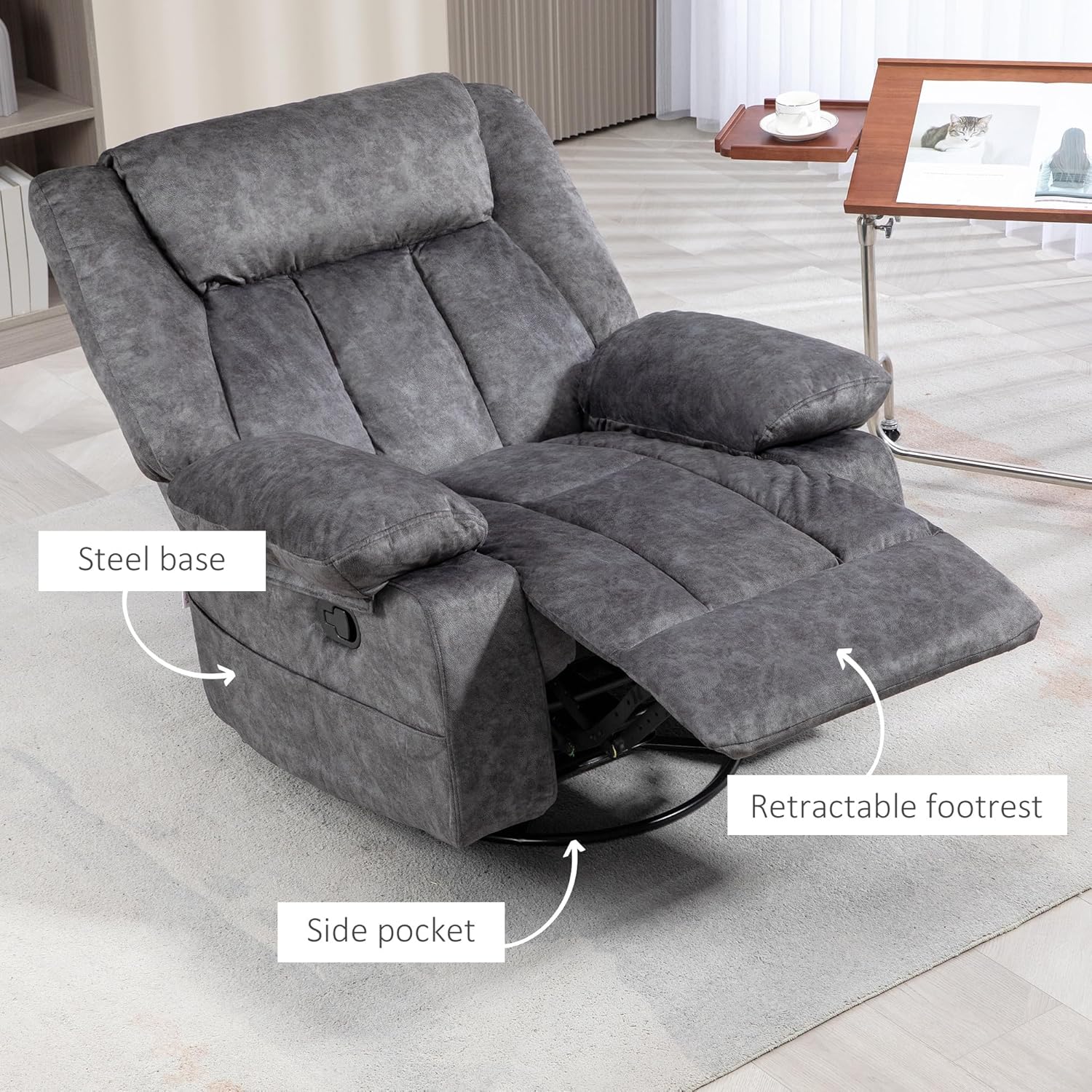 Gray Swivel Rocker Recliner Chair with Side Pockets and Metal Base Z2758