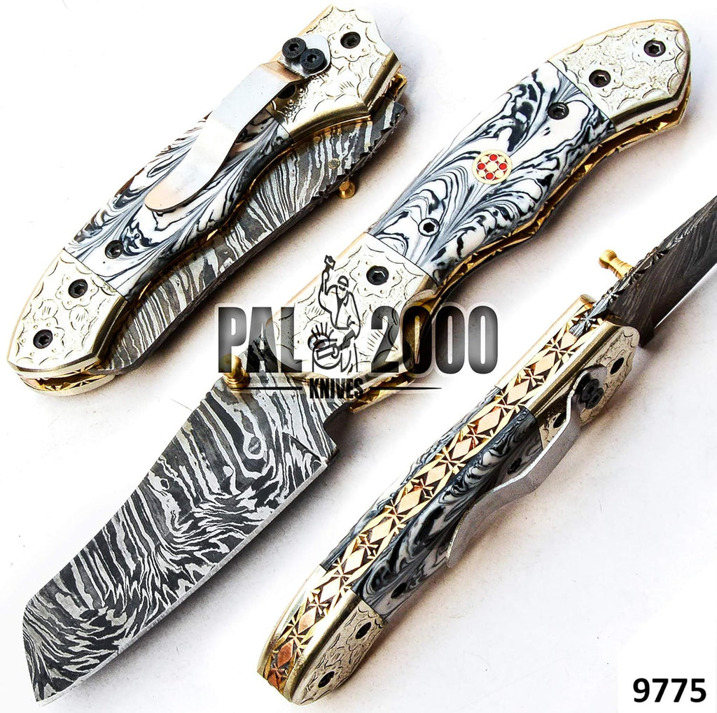 Handmade Damascus Steel Folding Pocket Hunting Knife with Sheath P1925