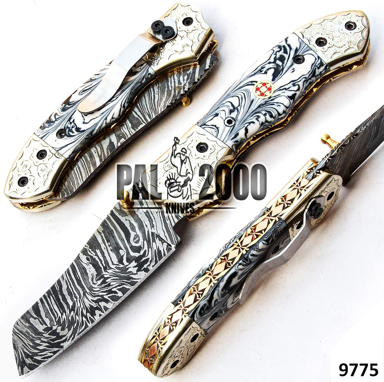 Handmade Damascus Steel Folding Pocket Hunting Knife with Sheath P1925