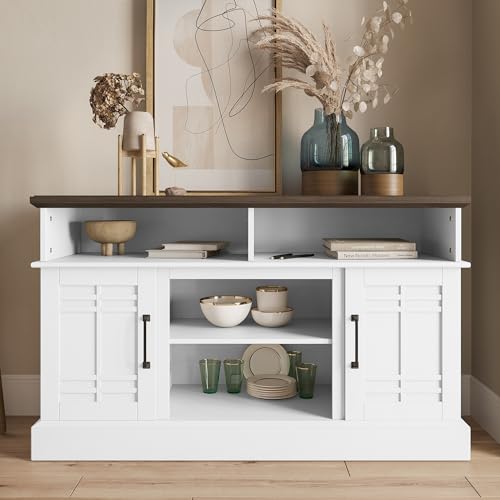 White Wood TV Stand with Open Storage Shelves and Cabinets E7926