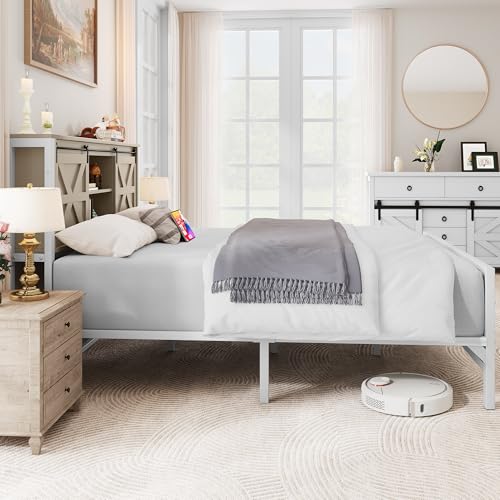 White Queen Size Bed Frame with Headboard and Storage Shelves I43433