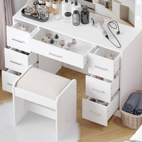 White Vanity Desk with Lighted Mirror and Drawers V85958
