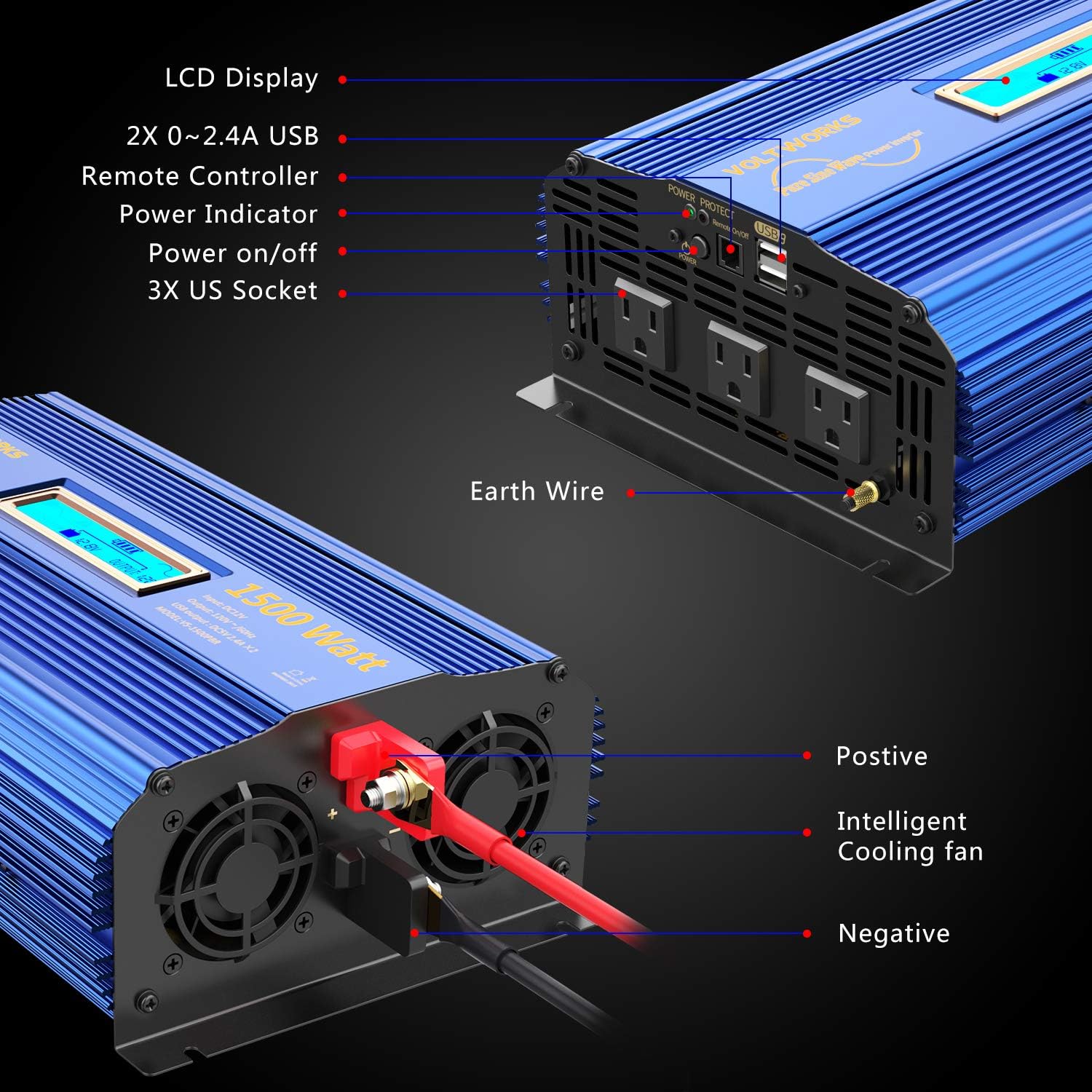 1500W Pure Sine Wave Power Inverter DC 12v to AC 110V-120V with Remote Control LCD Display P88051