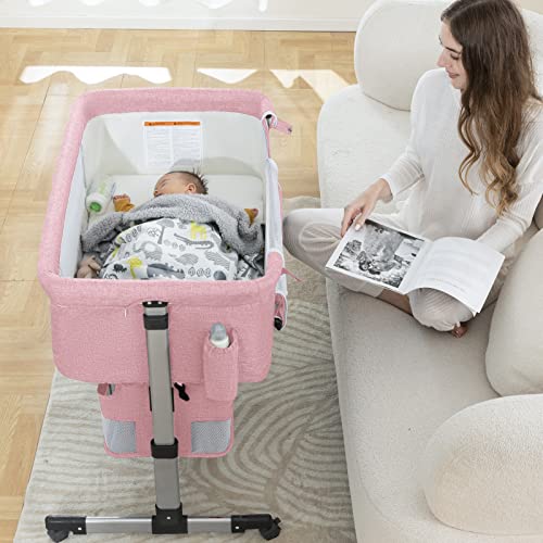 Pink Baby Bassinet Bedside Sleeper with Storage Basket A52626