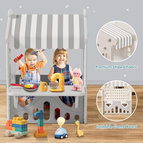 Kids Playhouse with Pretend Play Kitchen Toys Set Beige Gray W4912