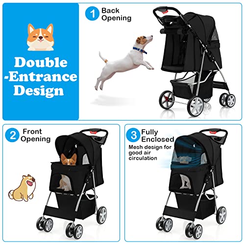 4 Wheels Folding Pet Stroller with Storage Basket and Adjustable Canopy C4318