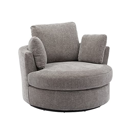 Beige Oversized Round Chenille Swivel Accent Barrel Chair with 3 Pillows F81308