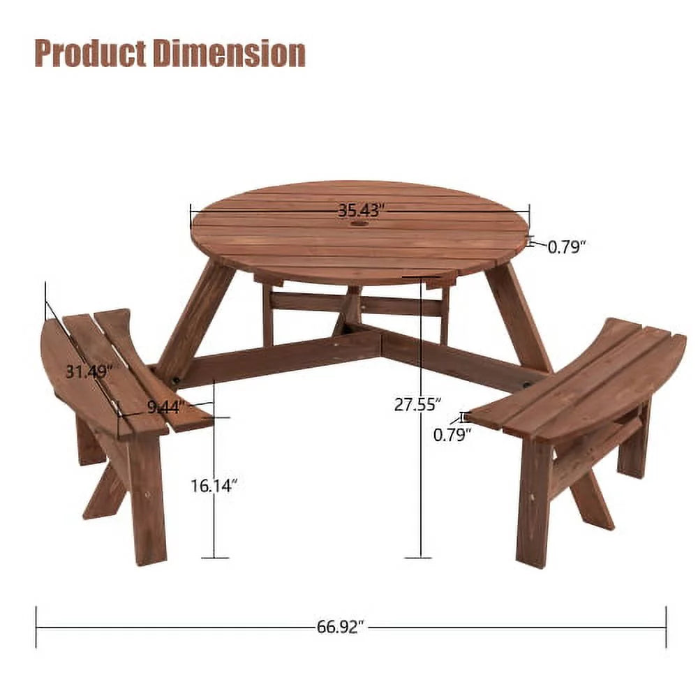 6-Person Circular Outdoor Wooden Picnic Table with 3 Built-in Benches Y52951
