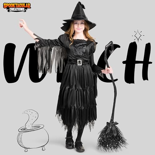 Classic Kids Witch Costume Black Witch Dress with Broom and Hat XL Q3327