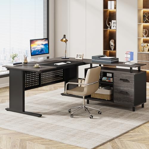 Gray and Black L Shaped Executive Desk with File Cabinet and Drawers K4845