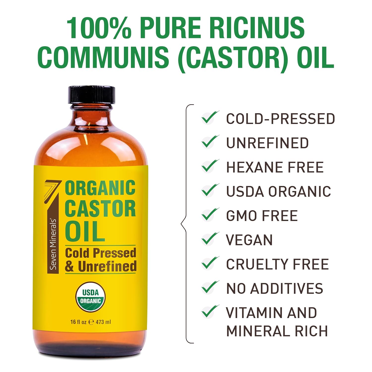 16 fl oz Glass Bottle Castor Oil Organic Cold Pressed Unrefined Q9026