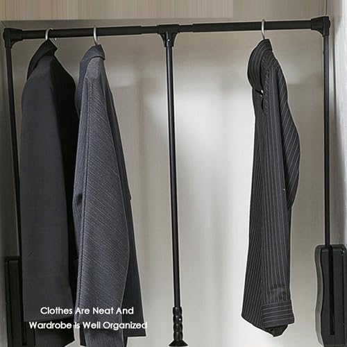 Pull Down Closet Rod Organizer Storage Rack Lift Buffer Extendable Adjustable Width Space Saving Wardrobe Hanger Silver D140438