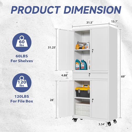 White Metal Storage Cabinet with Wheels and Locking Drawer A56320