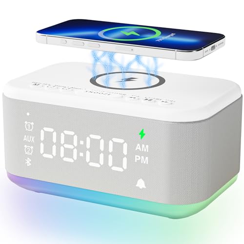 Gray Digital Alarm Clock with Bluetooth Speaker and Wireless Charger C580