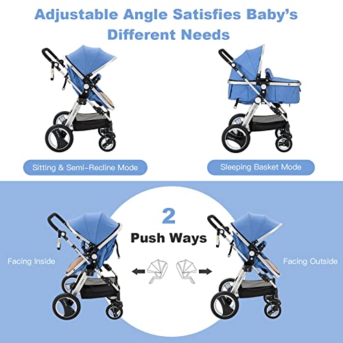 2-in-1 Convertible Bassinet Reclining Stroller with 5-Point Harness, Aluminum Structure, Khaki X47030