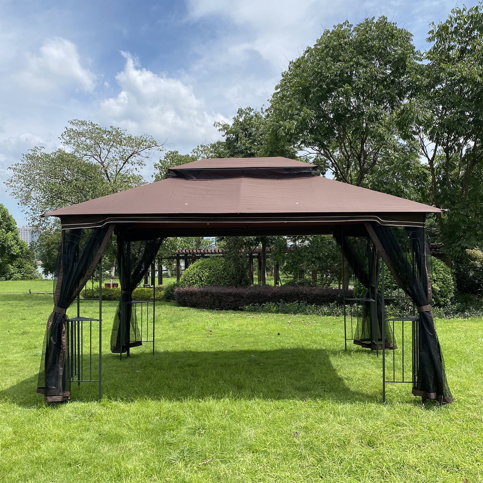 Brown Outdoor Patio Gazebo Canopy Tent With Mosquito Net L61025