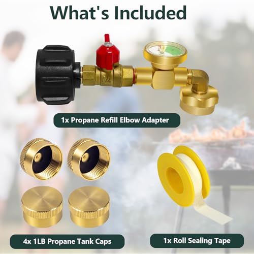 Propane Refill Adapter with Gauge Valve, Solid Brass Q11276