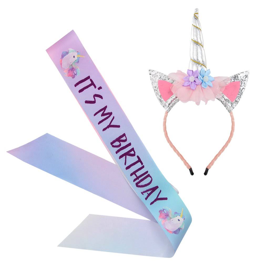 Silver Unicorn Headband and Birthday Sash Set B33251