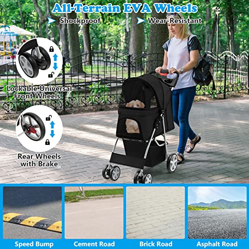 4 Wheels Folding Pet Stroller with Storage Basket and Adjustable Canopy C4318