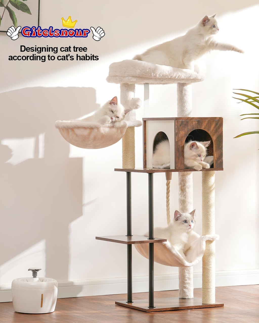 Rustic Brown 43.3in Wood Cat Tree with Sisal Rope Scratching Post V58118