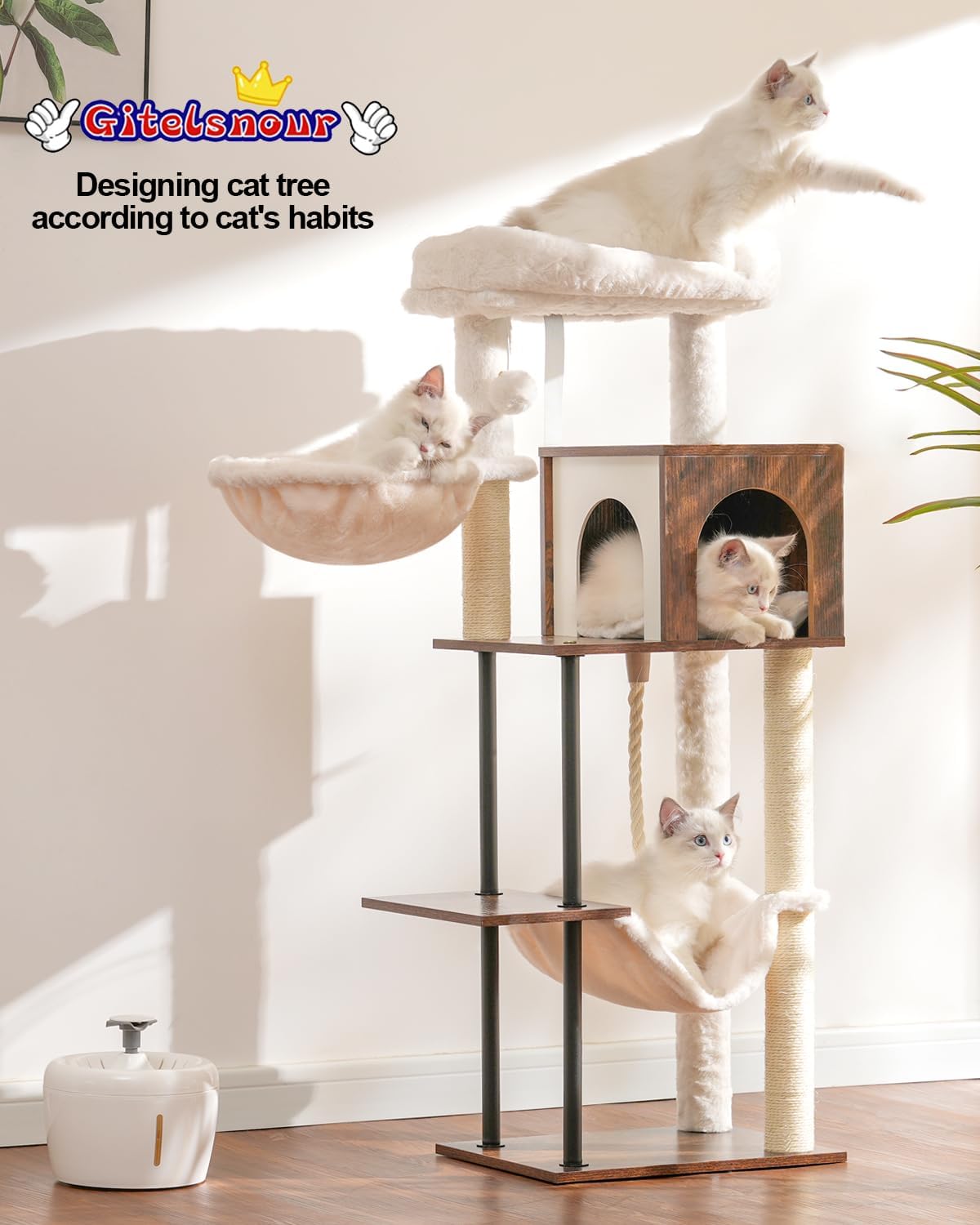 Rustic Brown 43.3in Wood Cat Tree with Sisal Rope Scratching Post V58118