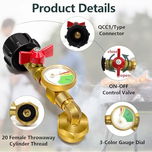 Propane Refill Adapter with Gauge Valve, Solid Brass Q11276