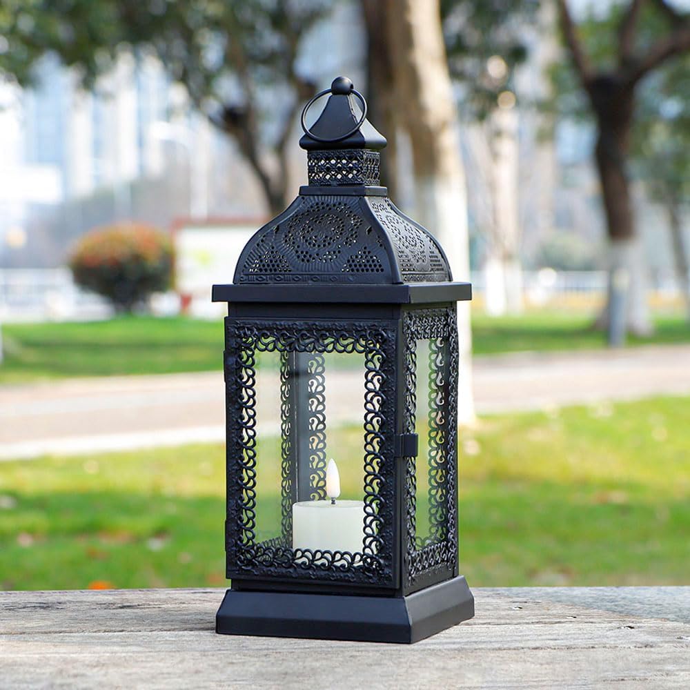 Black Metal Candle Lantern 13'' High with Tempered Glass E53080