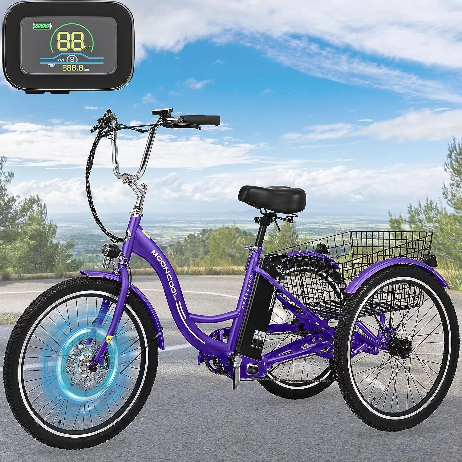 Electric Trike, 7 Speed 24"/26" 3 Wheel Electric Bicycle with 36V 14.5Ah Lithium Battery F573