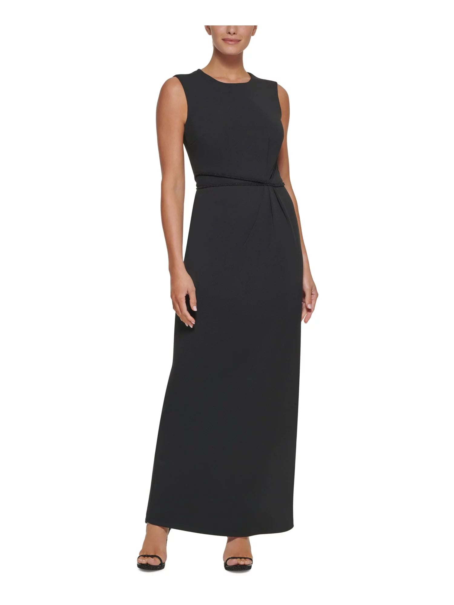 Black Stretch Beaded Zippered Back Slit Lined Sleeveless Round Neck Full-Length Formal Gown Dress B934112