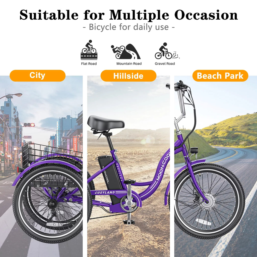 Electric Trike, 7 Speed 24"/26" 3 Wheel Electric Bicycle with 36V 14.5Ah Lithium Battery F573