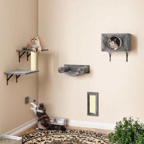 5-in-1 Wall-Mounted Cat Climber Set with House, Bridge, Steps, Scratcher, Hammock, Shelves E936035