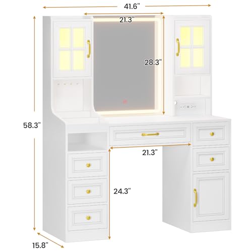 White Vanity Desk with Touch Screen Mirror and Lights, 6 Drawers N700791