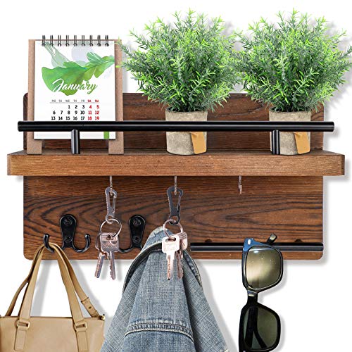 Wooden Mail Organizer Wall Mount with 5 Key Hooks O88638