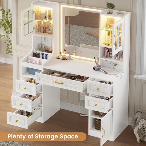 White Vanity Desk with Touch Screen Mirror and Lights, 6 Drawers N700791
