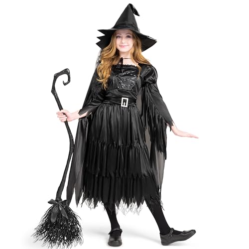 Classic Kids Witch Costume Black Witch Dress with Broom and Hat XL Q3327