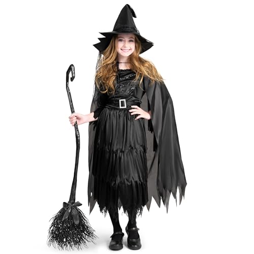 Classic Kids Witch Costume Black Witch Dress with Broom and Hat XL Q3327