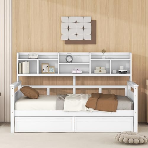 Twin Size Wood Daybed with Shelf and 2 Storage Drawers A431