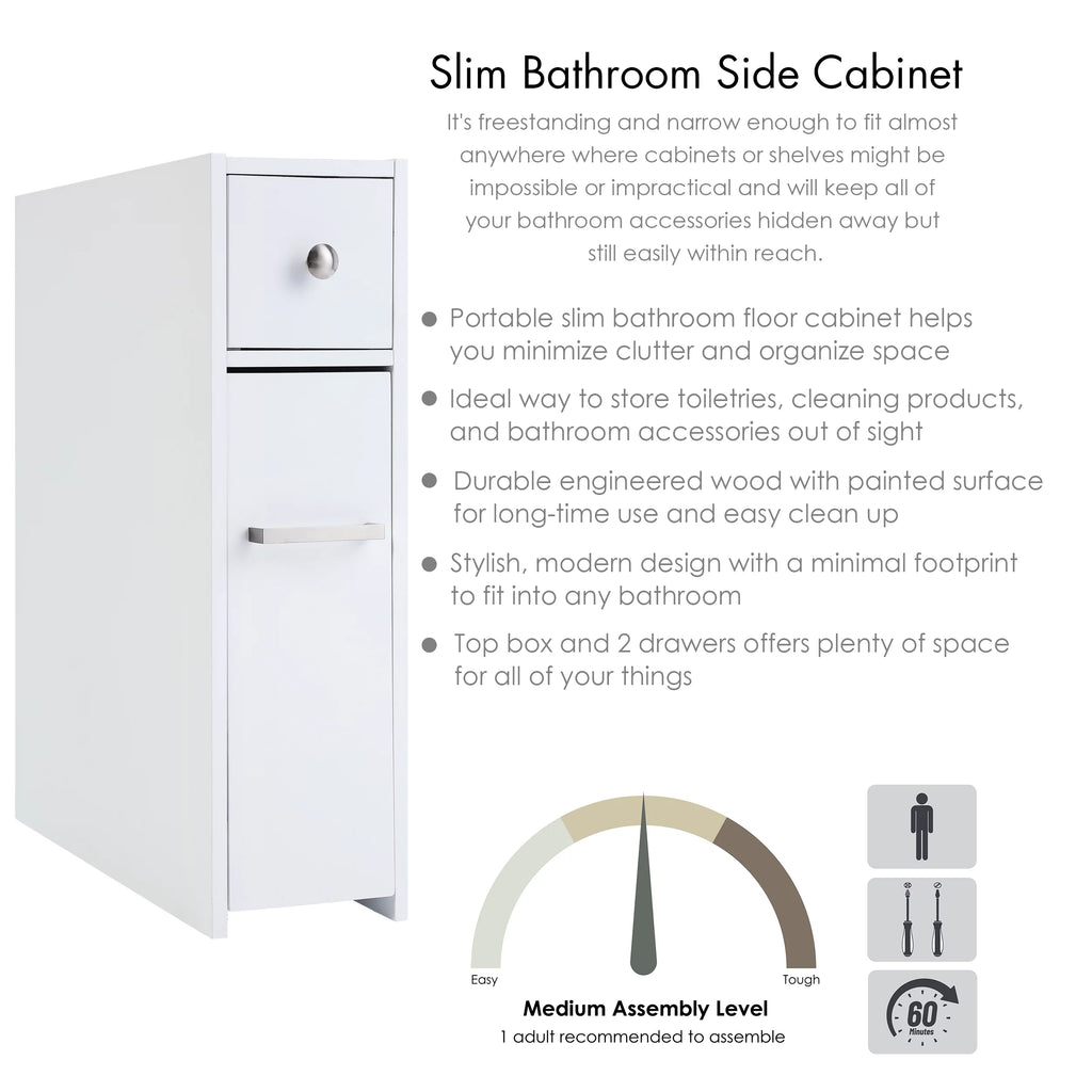 White Slim Bathroom Storage Cabinet with Toilet Paper Holder and Slide Out Drawer P834