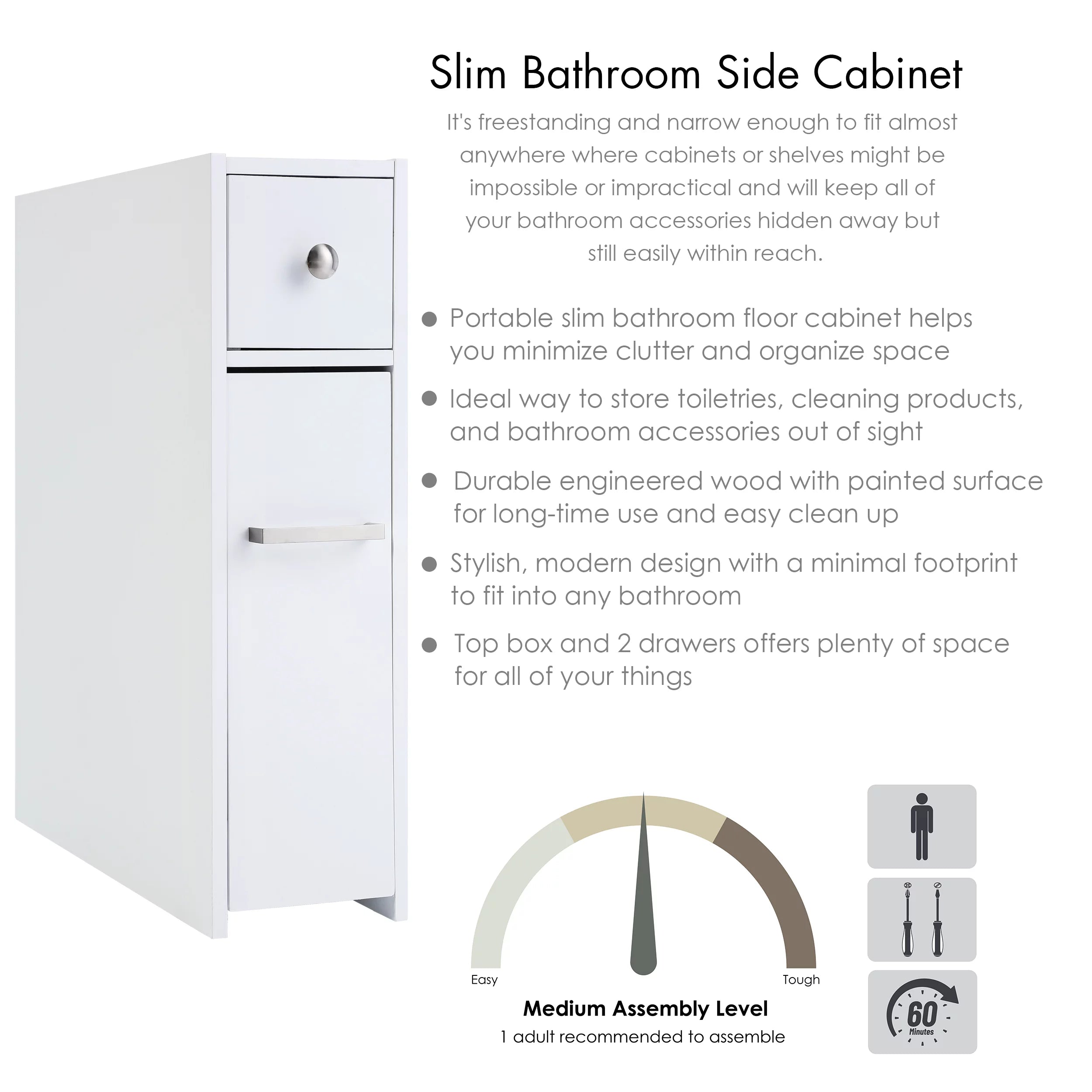 White Slim Bathroom Storage Cabinet with Toilet Paper Holder and Slide Out Drawer P834