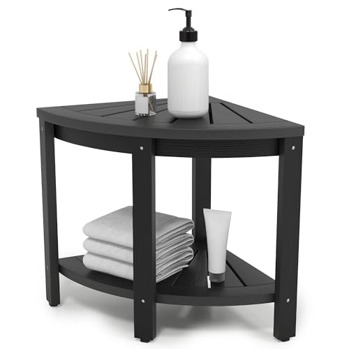 Black Poly Lumber Corner Shower Bench with Storage Shelf Y80763