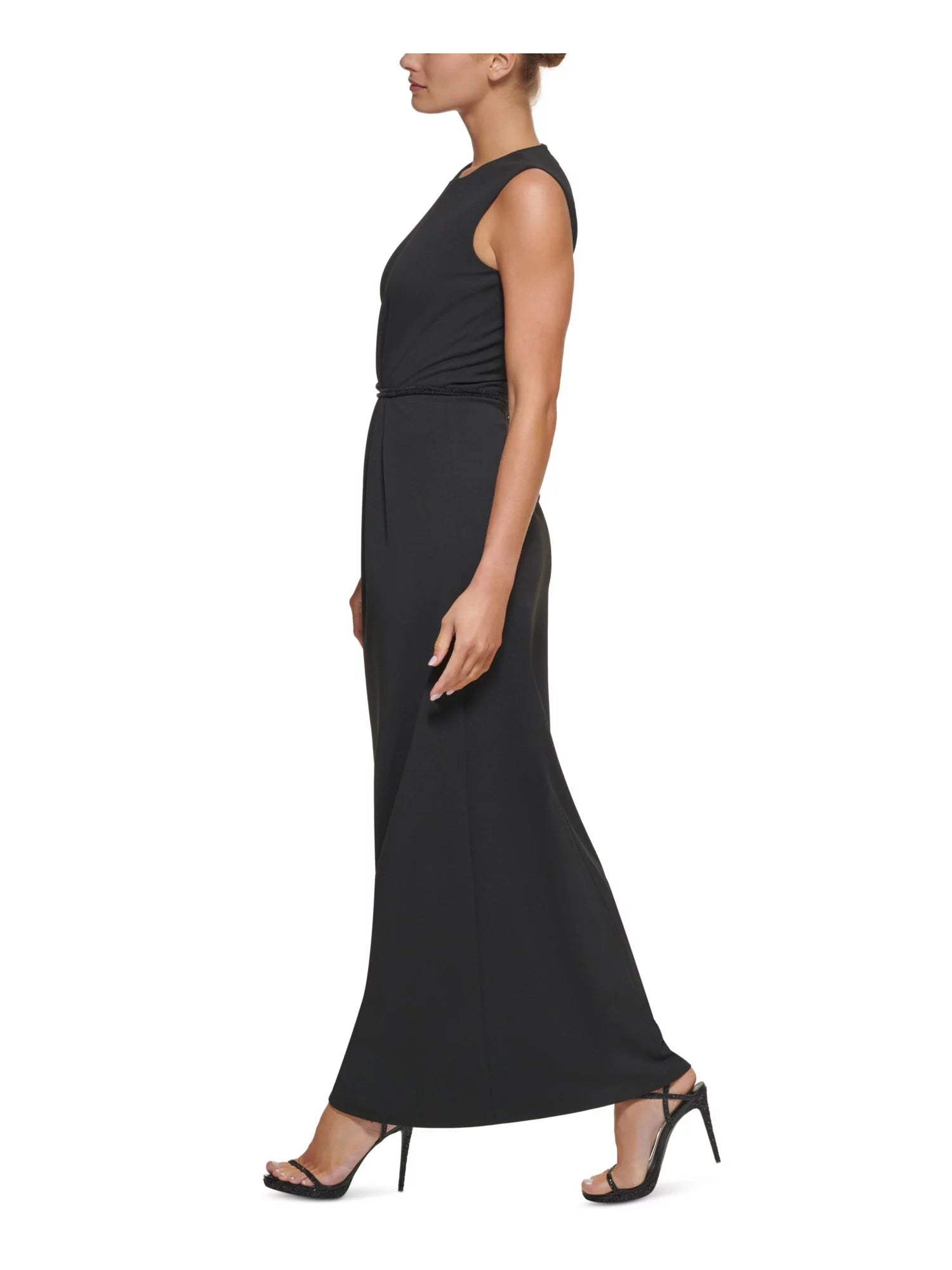 Black Stretch Beaded Zippered Back Slit Lined Sleeveless Round Neck Full-Length Formal Gown Dress B934112