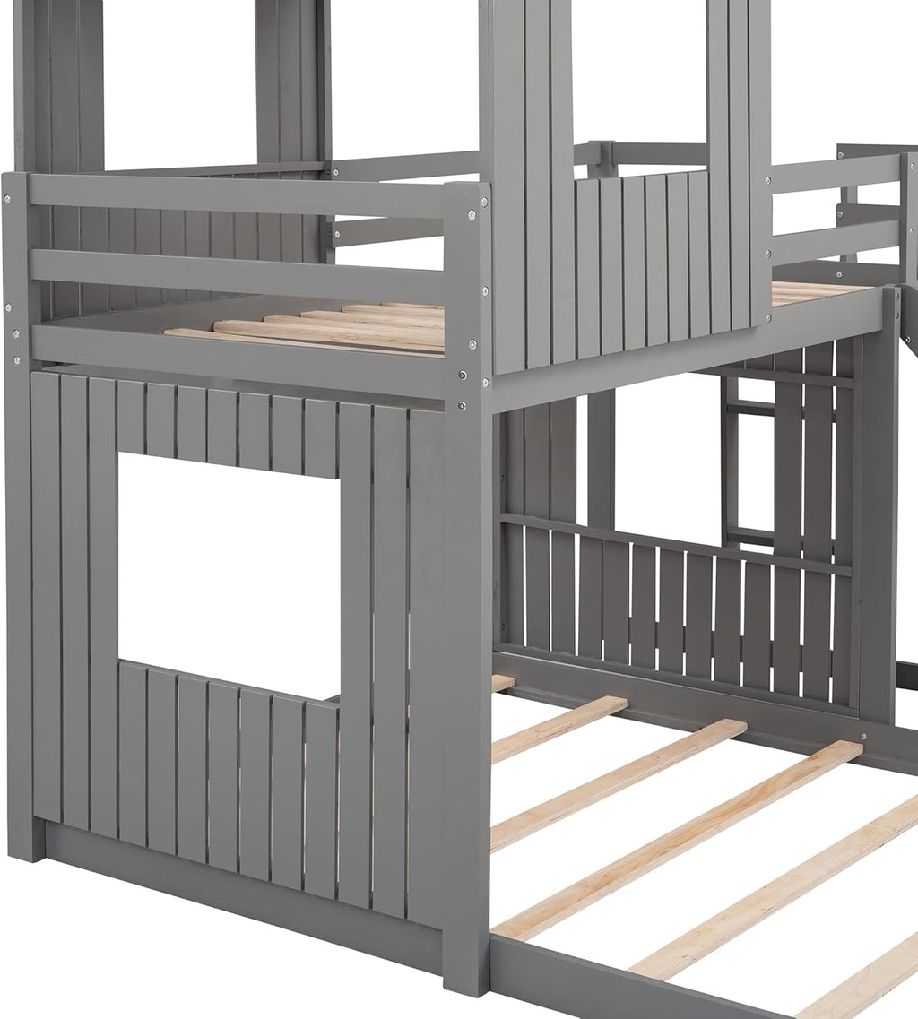 Gray Wood Twin Over Full Bunk Bed with Ladder and Slide J79221