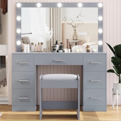 White Vanity Desk with Lighted Mirror and Drawers V85958