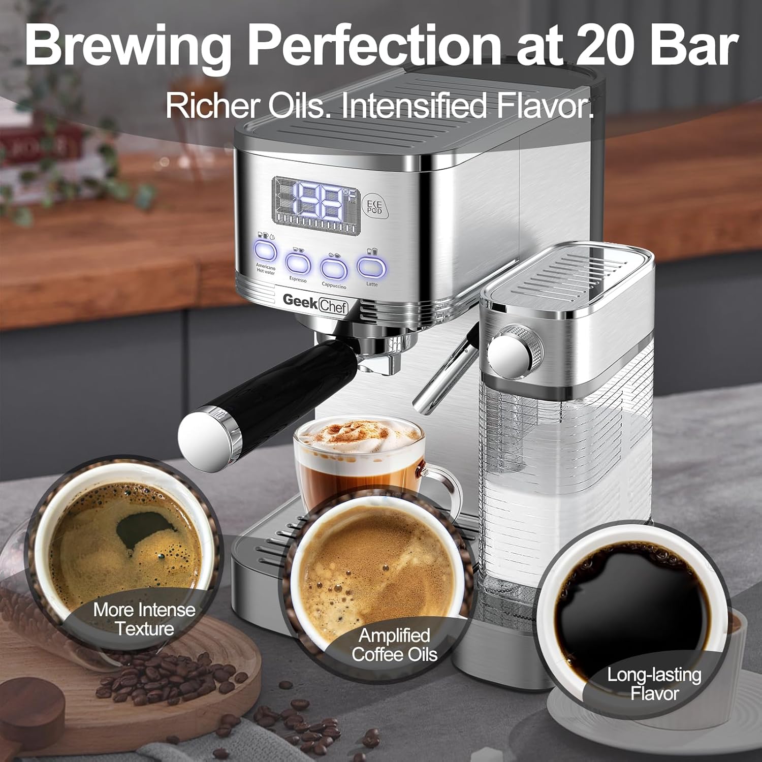 7-in-1 Espresso Machine with Automatic Milk Frother, 20 Bar, Stainless Steel A74814