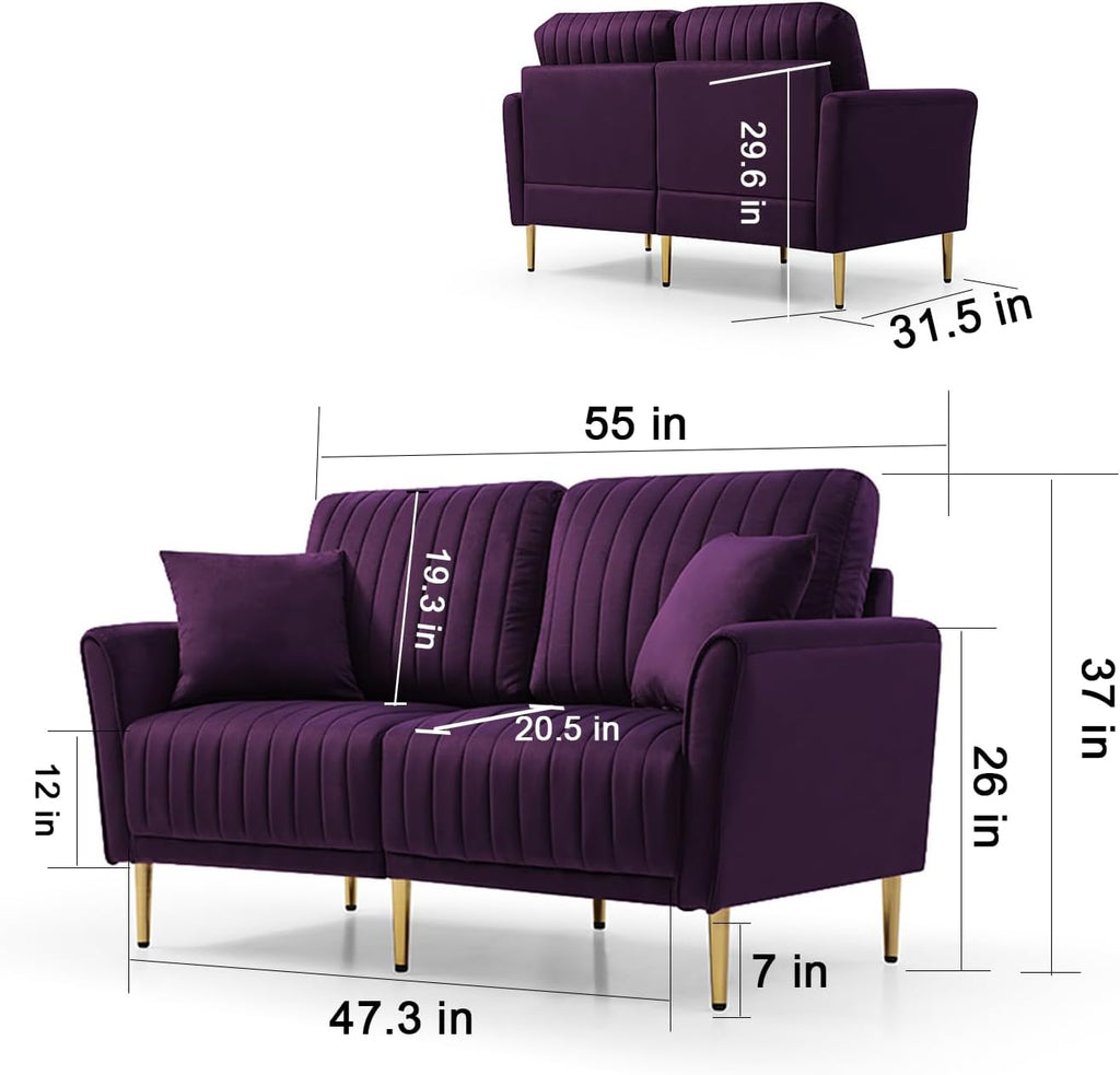Purple Velvet Round Arm Loveseat Sofa with 2 Throw Pillows Y4063