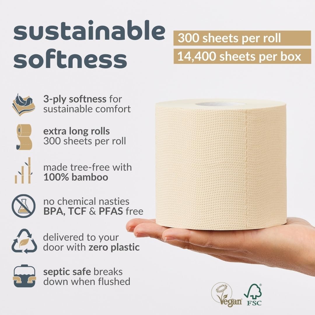 48 Pack Unbleached 3 Ply 300 Sheets Bamboo Toilet Roll M2938